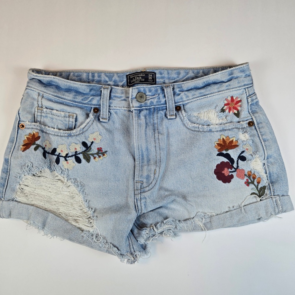 Y2K Abercrombie & Fitch Shorts Embroidered Distressed Denim Size 00/24 Boho